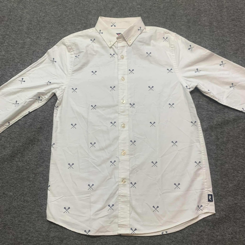 NWT Vineyard Vines Whale Shirt Boys Medium White Button Down L/S Lacrosse Cotton